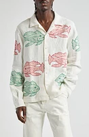 Bode Piscine Long Sleeve Linen Camp Shirt White Multi at Nordstrom,