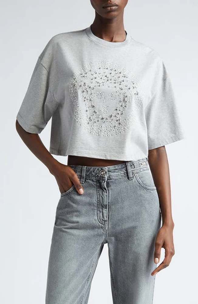 Versace Crystal Hotfix Medusa Boxy Crop T-Shirt Light Grey at Nordstrom, Us