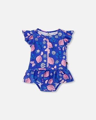 Deux Par Deux Baby Girl's One Piece Swimsuit Royal Blue Printed Pink Lemon at Nordstrom, Size 3-6M