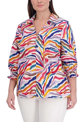 Foxcroft Alexis Stripe Smocked Sleeve Cotton Popover Top Multi at Nordstrom,