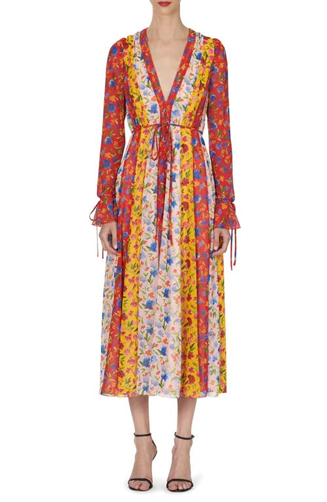 Carolina Herrera Mixed Floral Stripe Long Sleeve Chiffon Midi Dress Ivory Multi-Color at Nordstrom,