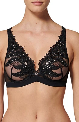 Simone Perele Mystic Underwire Embroidered Plunge Bra Black at Nordstrom,