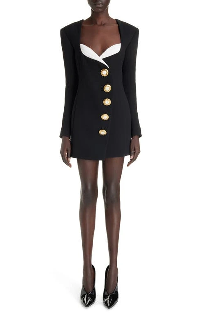 Balmain Asymmetric Long Sleeve Virgin Wool Crepe Coat Dress Eab Black/White at Nordstrom, Us