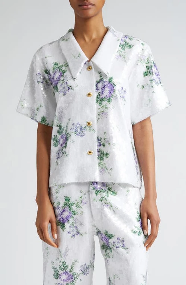 Tanner Fletcher Gender Inclusive Joyce Floral Sequin Shirt White at Nordstrom,