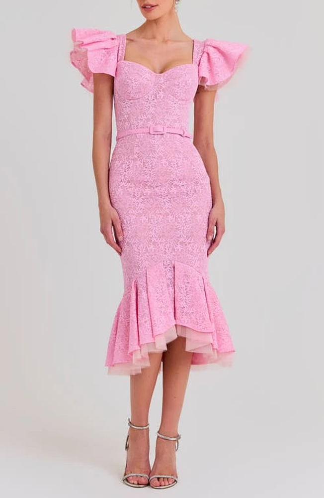 NADINE MERABI Belted Ruffle Lace Midi Dress Light/pastel Pink at Nordstrom,