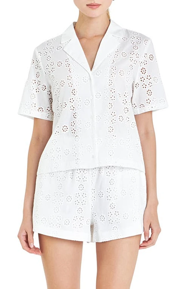 English Factory Floral Eyelet Cotton Camp Shirt White at Nordstrom,