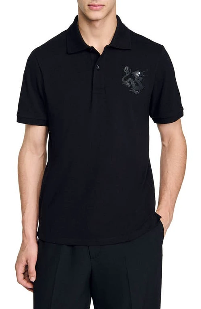 sandro Dragon Appliqué Cotton Polo Black at Nordstrom,