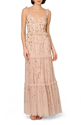 Aidan Mattox by Adrianna Papell Floral Beaded Tiered Gown Pink Multi at Nordstrom,