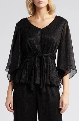 Alex Evenings Tie Waist Metallic Chiffon Top Black at Nordstrom,