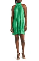 Charles Henry Halter Plissé Satin Minidress Parrot Green at Nordstrom,