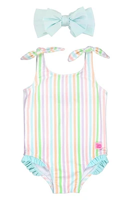 RuffleButts Kids' Stripe One-Piece Swimsuit & Headband Set Pale Rainbow at Nordstrom,