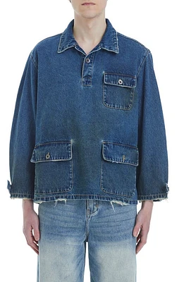 FOUND Distressed Long Sleeve Denim Polo Vintage Blue at Nordstrom,