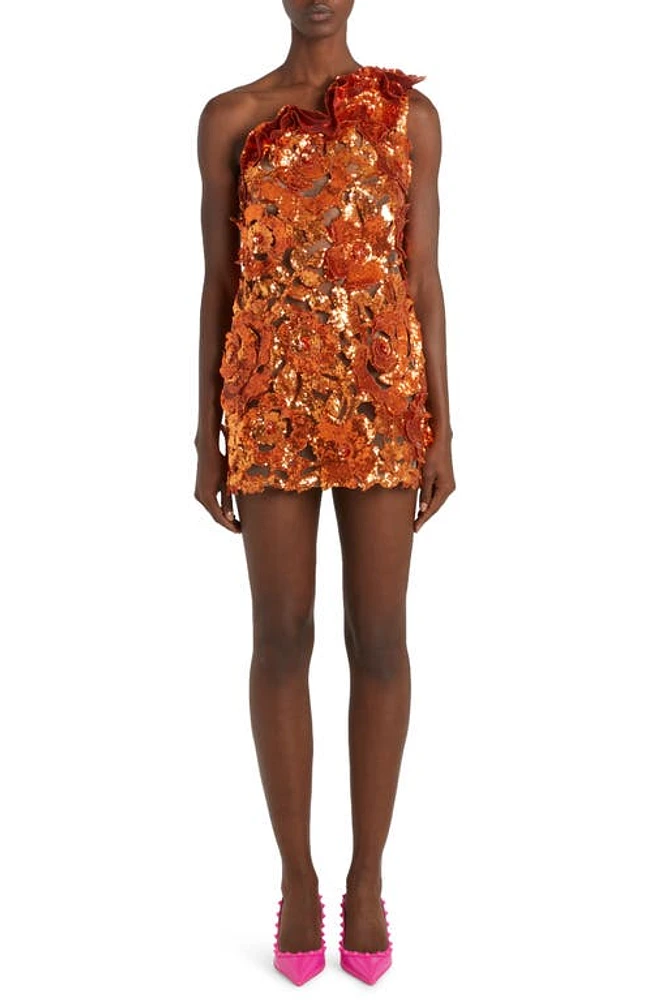 Valentino Garavani Sequin Floral Embroidery One-Shoulder Minidress in Off Orange at Nordstrom, Size 6 Us