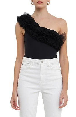 Endless Rose Tulle Ruffle One-Shoulder Bodysuit Black at Nordstrom,