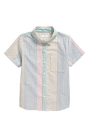 NEXT Kids' Colorblock Stripe Short Sleeve Button-Up Oxford Shirt Pink at Nordstrom,