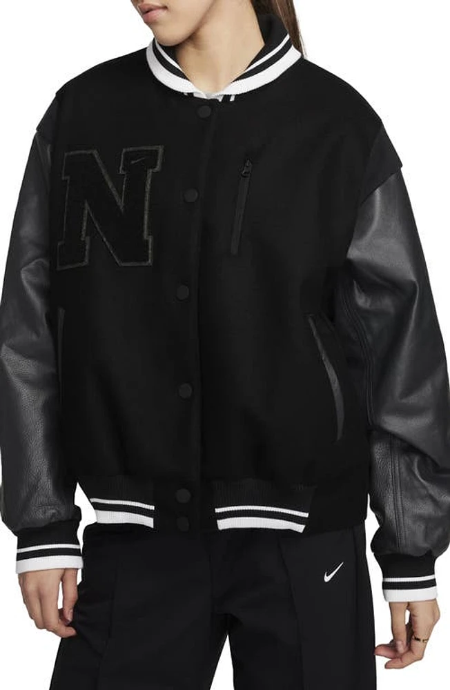 Nike Sportswear Destroyer Leather & Wool Blend Bomber Jacket Black/Anthracite/Anthracite at Nordstrom,