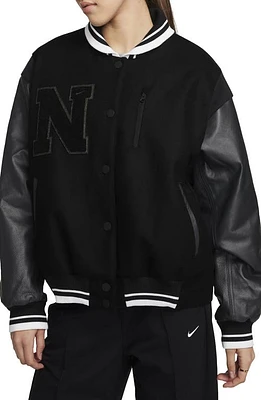 Nike Sportswear Destroyer Leather & Wool Blend Bomber Jacket Black/Anthracite/Anthracite at Nordstrom,