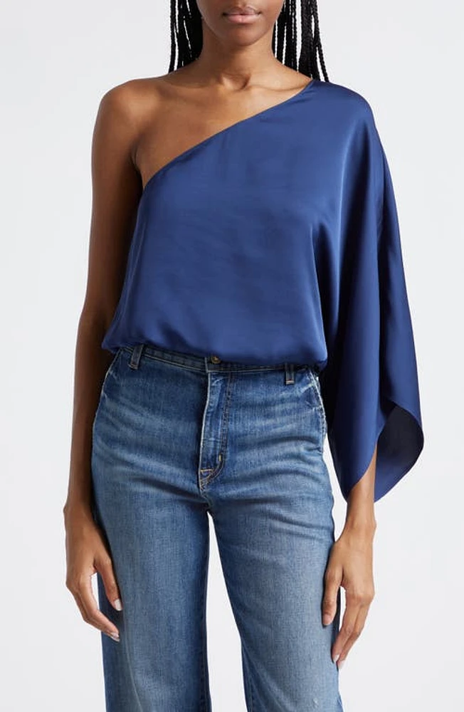 Ramy Brook Gina One-Shoulder Satin Top Spring Navy at Nordstrom,