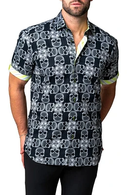 Maceoo Galileo Skull Mono Black Short Sleeve Cotton Button-Up Shirt at Nordstrom, Size 3