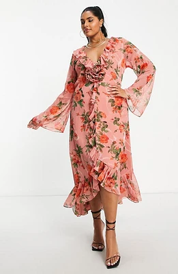 ASOS DESIGN Curve Rose Print Long Sleeve Midi Dress Pink at Nordstrom, Us