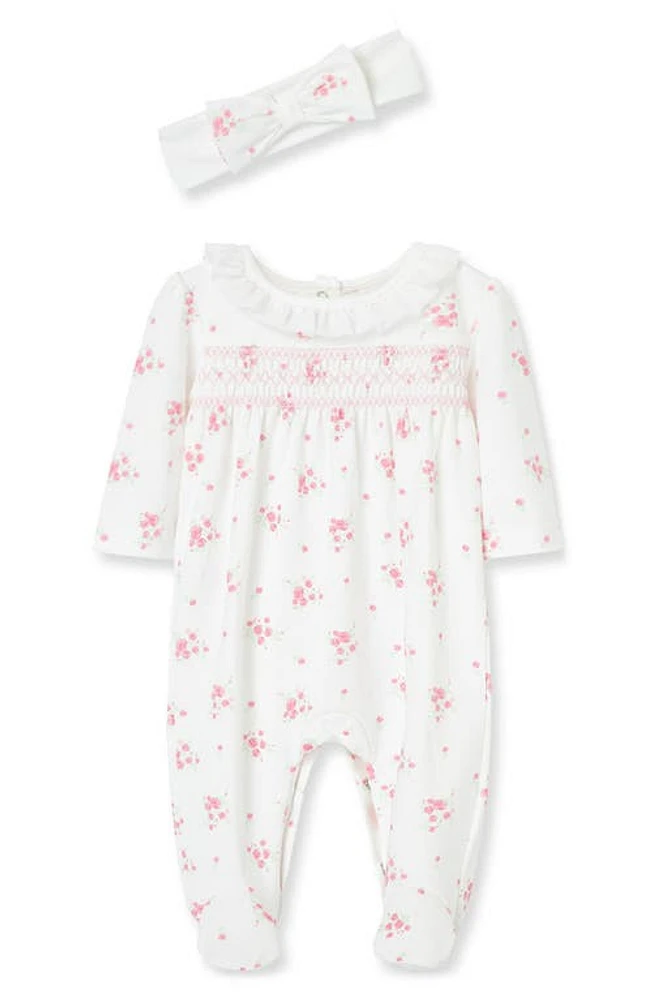 Little Me Rose Smocked Yoke Cotton Footie & Headband Set Pink at Nordstrom,