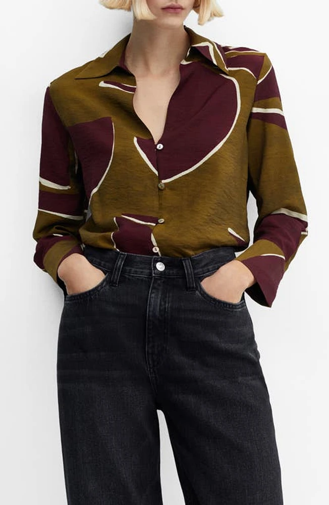 MANGO Abstract Print Satin Button-Up Shirt Burgundy at Nordstrom,