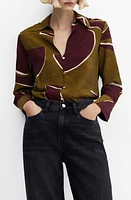 MANGO Abstract Print Satin Button-Up Shirt Burgundy at Nordstrom,