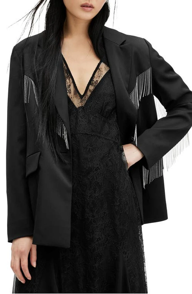 AllSaints Franky Fringe Detail Satin Blazer Black at Nordstrom, Us