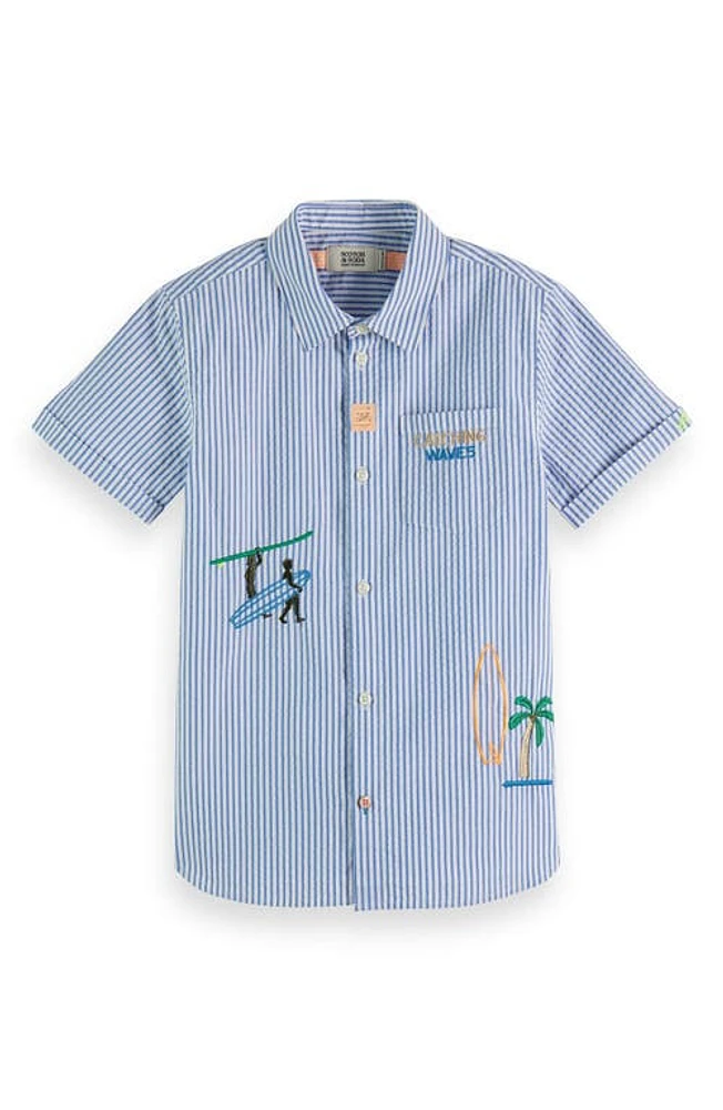 Scotch & Soda Kids' Stripe Embroidered Short Sleeve Cotton Button-Up Shirt 7187 Blue White at Nordstrom,