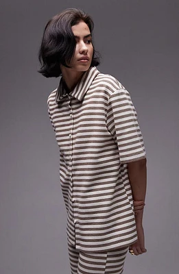 Topshop Stripe Oversize Short Sleeve Button-Up Shirt Stone at Nordstrom,