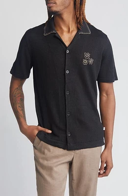 NN07 Henry Embroidered Short Sleeve Linen Knit Camp Shirt Black at Nordstrom, R