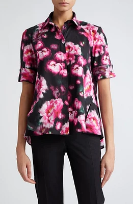 Adam Lippes Floral Print Stretch Poplin Trapeze Shirt Black at Nordstrom,