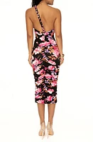 JLUXLABEL Jess Floral Ruched Braided One-Shoulder Midi Dress Black at Nordstrom,