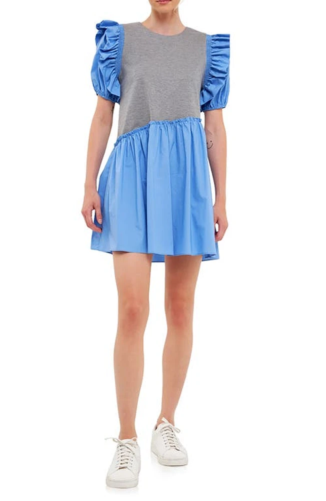 English Factory Mixed Media Ruffle Minidress Grey/Blue at Nordstrom,