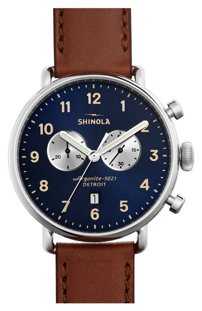 Shinola The Canfield Chrono Leather Strap Watch, 43mm in Dark Cognac/Midnight Blue at Nordstrom