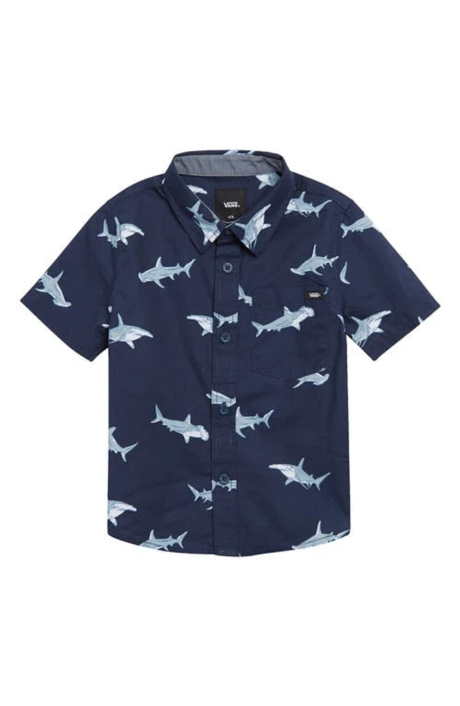 Vans Kids' Shark Print Short Sleeve Button-Up Shirt Dress Blues at Nordstrom,