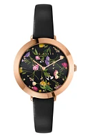 Ted Baker London Ammy Floral Leather Strap Watch, 34mm in Black at Nordstrom