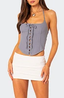 EDIKTED Pinstripe Lace-Up Halter Corset Gray at Nordstrom,