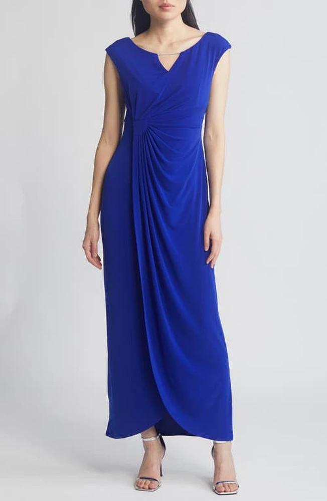 Connected Apparel Crystal Notch Side Ruched Gown in Deep Cobalt at Nordstrom, Size 6