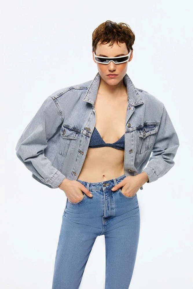 Nocturne Cropped Denim Jacket with Shoulder Pads in Ice Blue at Nordstrom