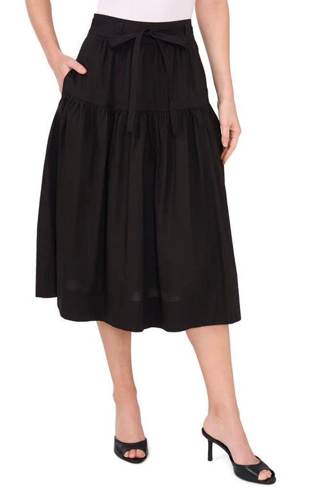 CeCe Tie Waist Cotton Blend Skirt Rich Black at Nordstrom,