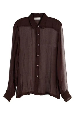 Dries Van Noten Congreve Crinkled Silk Chiffon Button-Up Shirt Bordeaux at Nordstrom, Us