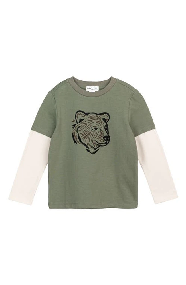 MILES THE LABEL Big Bear Long Sleeve Organic Cotton Graphic T-Shirt in Khaki Green Olive at Nordstrom, Size 6M