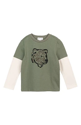 MILES THE LABEL Big Bear Long Sleeve Organic Cotton Graphic T-Shirt in Khaki Green Olive at Nordstrom, Size 6M