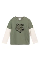 MILES THE LABEL Big Bear Long Sleeve Organic Cotton Graphic T-Shirt in Khaki Green Olive at Nordstrom, Size 6M