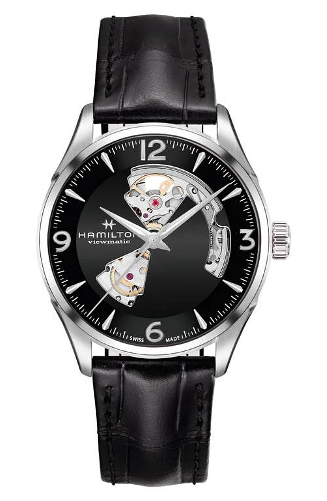 Hamilton Jazzmaster Open Heart Automatic Leather Strap Watch, 42mm in Black/Silver at Nordstrom