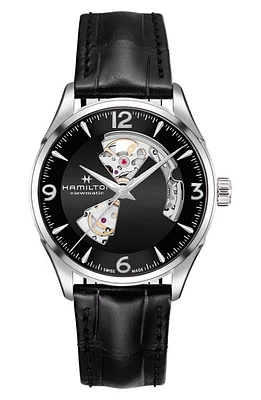 Hamilton Jazzmaster Open Heart Automatic Leather Strap Watch, 42mm in Black/Silver at Nordstrom