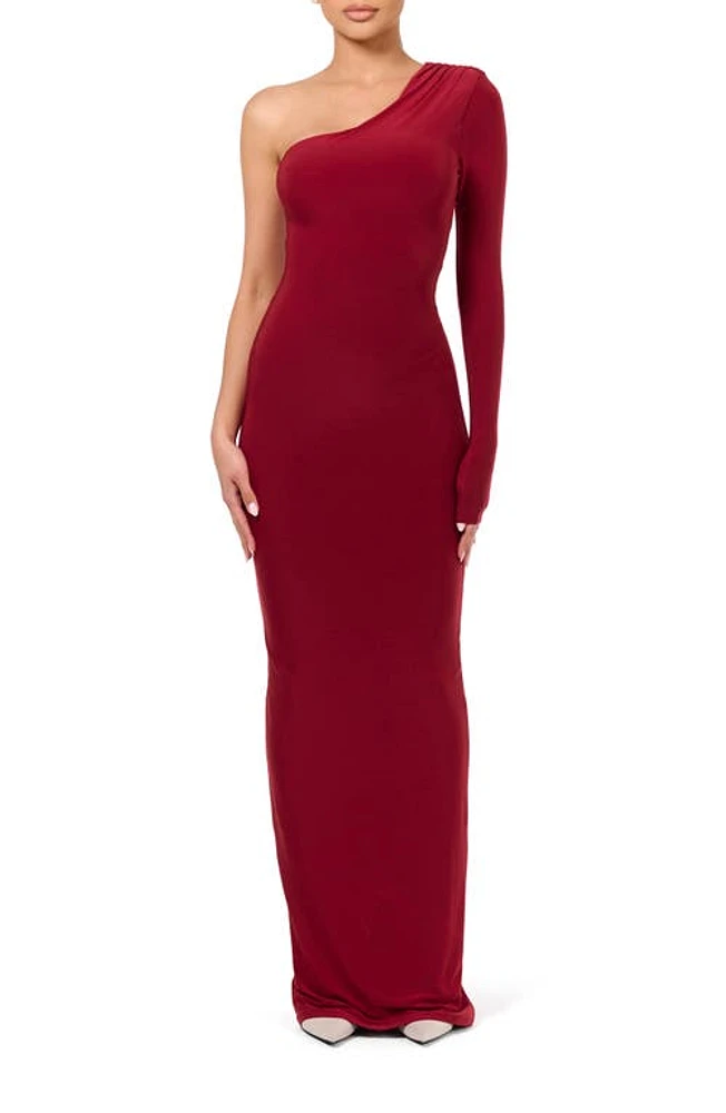 Naked Wardrobe Hourglass Cutout One-Shoulder Long Sleeve Dress in Dark Red at Nordstrom, Size Small