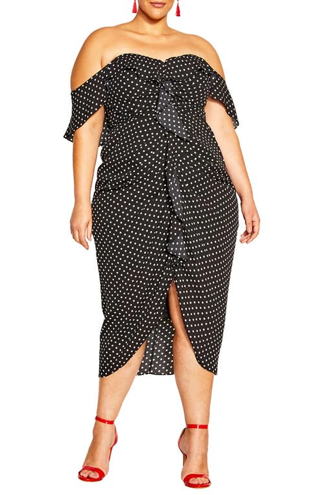 City Chic Gina Spot Off the Shoulder Midi Dress Black Polka Dot at