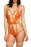 Hauty Strappy Lace Teddy with Garter Straps Orange at Nordstrom,